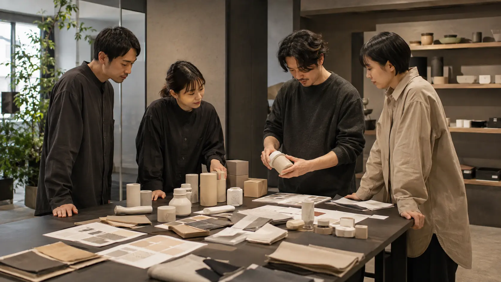 試作品やパッケージを囲み、商品企画を検討するチーム